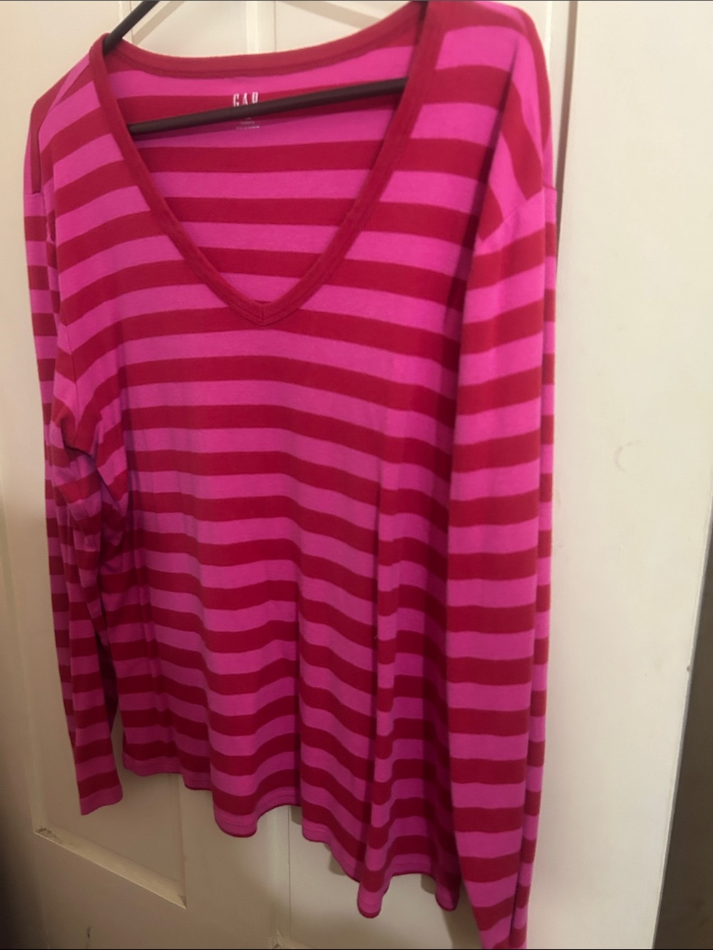 GAP Striped V-Neck Long Sleeve Top in Bright Pink and Magenta